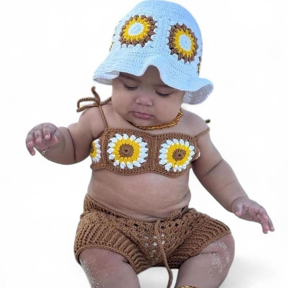 Crochet Newborn 0-3 M 3-Piece Floral Set Sunflower Top Shorts Hat